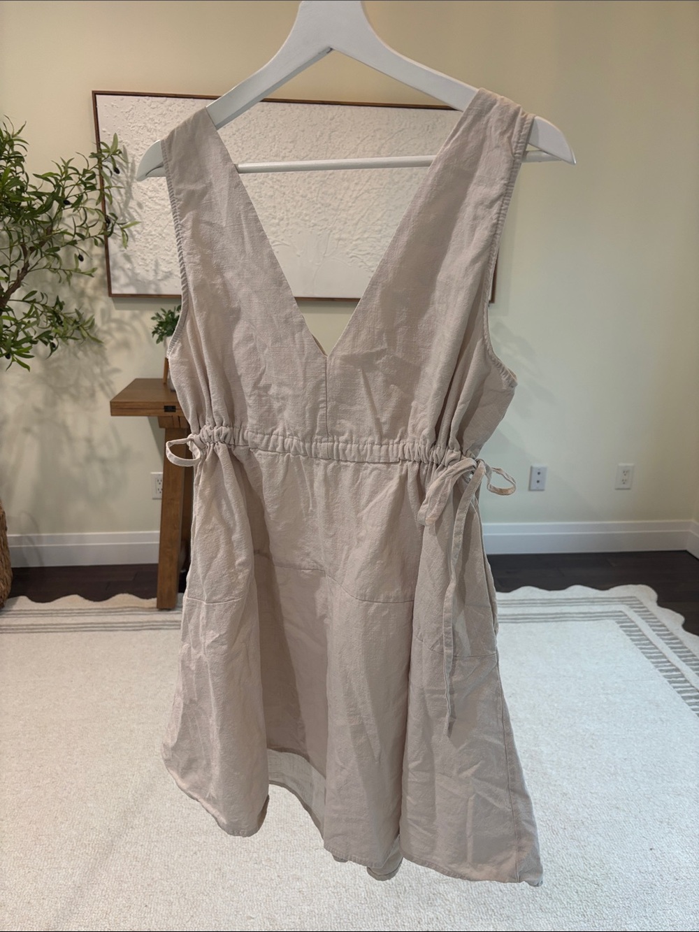 Amazon Beige V-Neck Tie-Waist Mini Dress